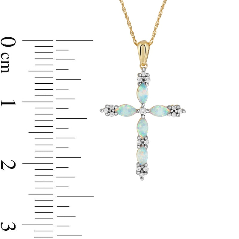 Marquise Lab-Created Opal and 0.07 CT. T.W. Diamond Cross Pendant in 10K Yellow Gold