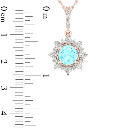 5.0mm Aquamarine and 0.07 CT. T.W. Natural Diamond Sun Frame Antique Vintage-Style Pendant in 10K Rose Gold