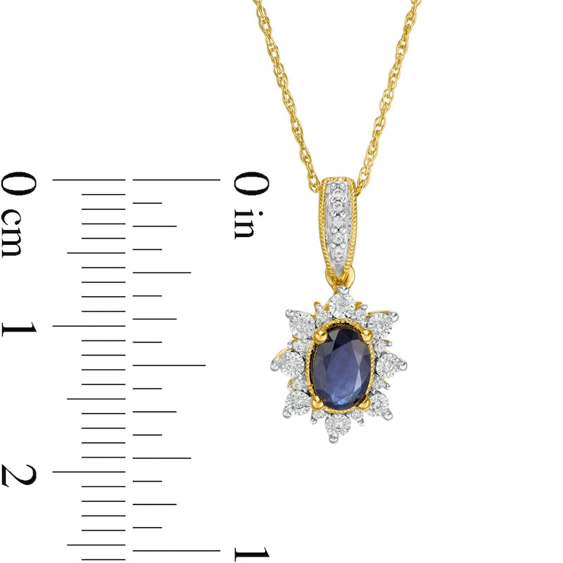 Oval Blue Sapphire and 0.07 CT. T.W. Natural Diamond Sun Frame Antique Vintage-Style Pendant in 10K Yellow Gold