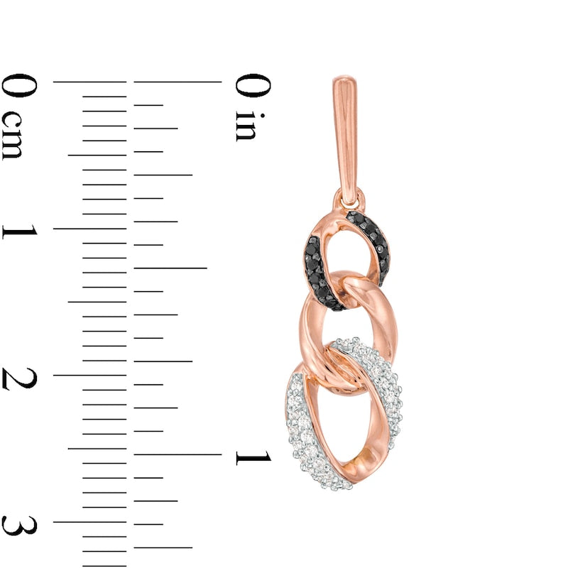 0.33 CT. T.W. Enhanced Black and White Diamond Graduated Three Link Chain Drop Earrings in 10K Rose Gold