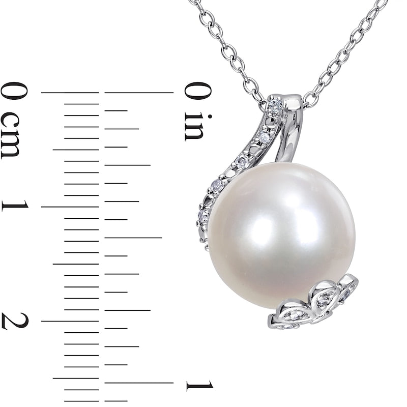 12.0-12.5mm Cultured Freshwater Pearl and 0.1 CT. T.W. Natural Diamond Flower Wrap Pendant in Sterling Silver