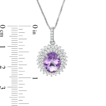 Oval Amethyst and White Topaz Starburst Double Frame Pendant in Sterling Silver