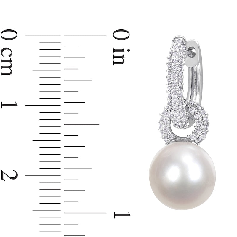 9.0-9.5mm Cultured South Sea Pearl and 0.5 CT. T.W. Diamond Huggie Hoop Earrings in 14K White Gold