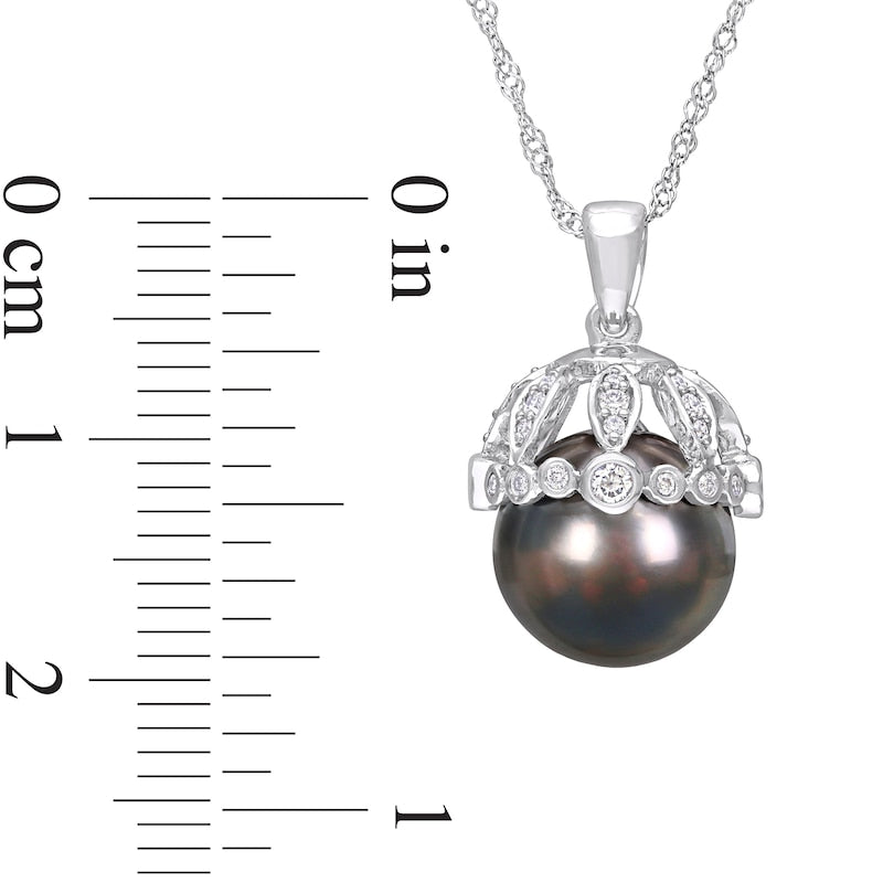 9.0-9.5mm Black Cultured Tahitian Pearl and 0.25 CT. T.W. Natural Diamond Crown Pendant in 14K White Gold- 17"