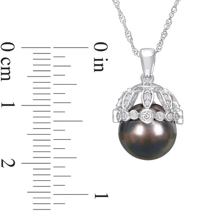 9.0-9.5mm Black Cultured Tahitian Pearl and 0.25 CT. T.W. Natural Diamond Crown Pendant in 14K White Gold- 17"