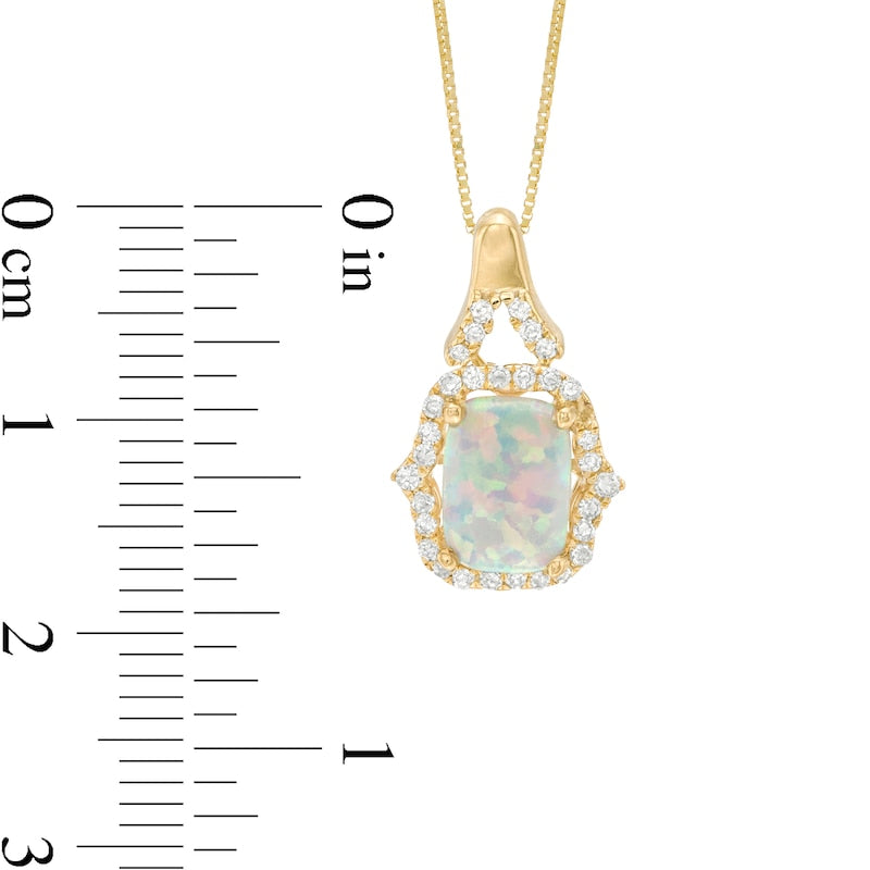 Elongated Cushion-Cut Lab-Created Opal and 0.17 CT. T.W. Diamond Frame Pendant in 10K Yellow Gold