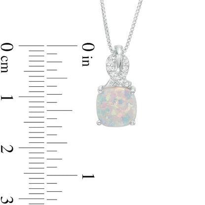 8.0mm Cushion-Cut Lab-Created Opal and 0.05 CT. T.W. Diamond Ribbon Top Pendant in Sterling Silver