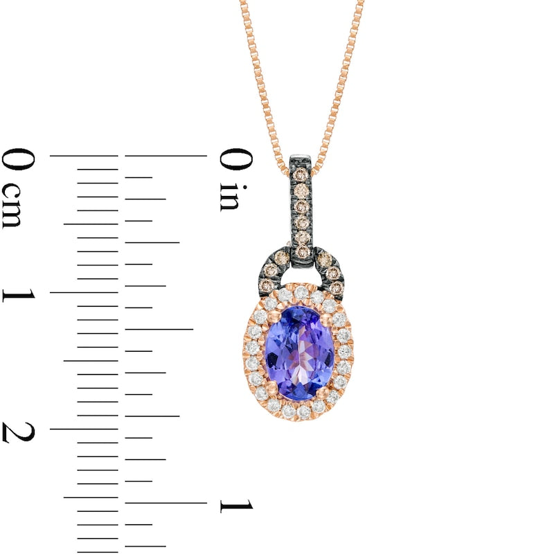 Oval Tanzanite and 0.13 CT. T.W. Champagne and White Natural Diamond Doorknocker Pendant in 10K Rose Gold and Black Rhodium