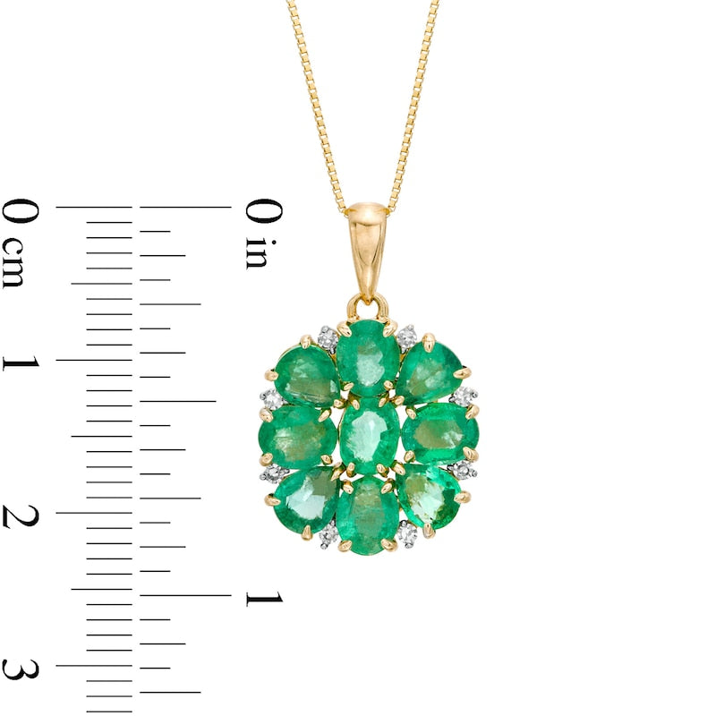 Oval and Pear-Shaped Emerald and 0.05 CT. T.W. Natural Diamond Flower Pendant in 10K Yellow Gold