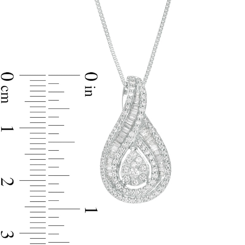 0.75 CT. T.W. Baguette and Round Natural Diamond Teardrop Frame Pendant in 10K White Gold