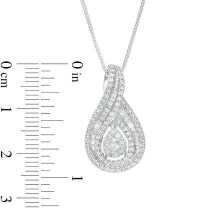 0.75 CT. T.W. Baguette and Round Natural Diamond Teardrop Frame Pendant in 10K White Gold