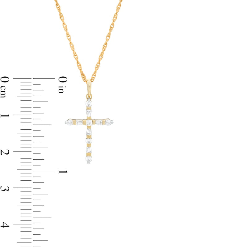 0.2 CT. T.W. Baguette and Round Natural Diamond Cross Pendant in 10K Yellow Gold