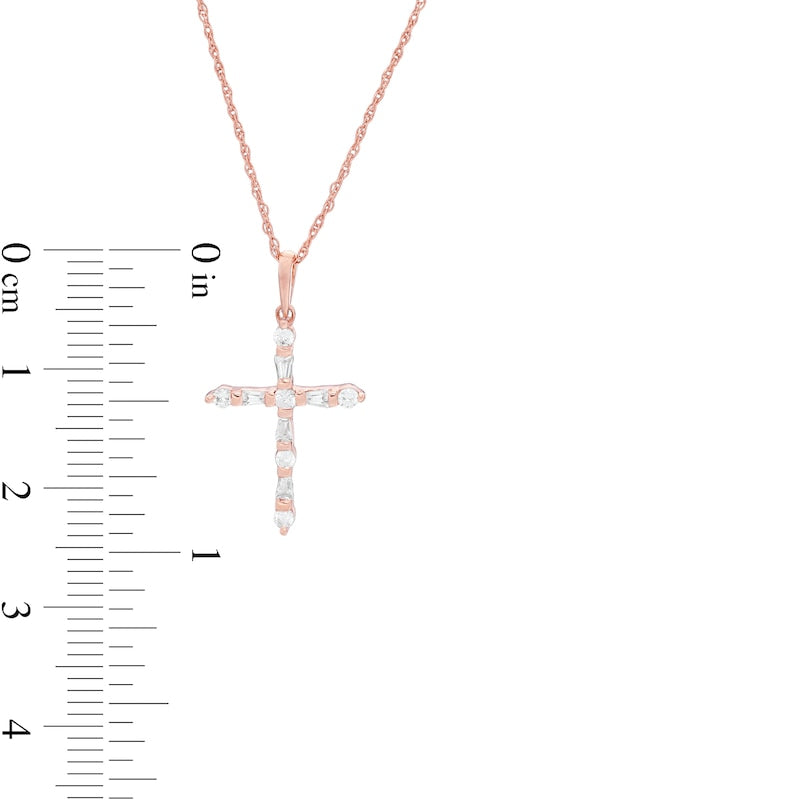 0.2 CT. T.W. Baguette and Round Natural Diamond Cross Pendant in 10K Rose Gold
