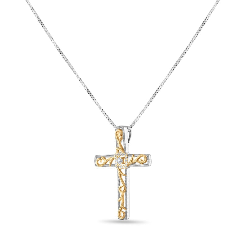 0.1 CT. T.W. Natural Diamond Ornate Cross Pendant in 10K Two-Tone Gold