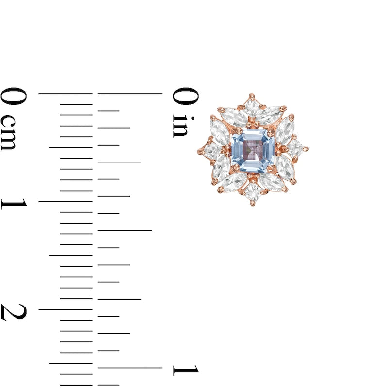 4.0mm Princess-Cut Simulated Aquamarine and Lab-Created White Sapphire Ornate Frame Stud Earrings in 10K Rose Gold