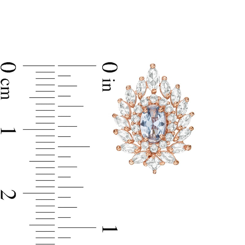 Oval Simulated Aquamarine and Lab-Created White Sapphire Flame Burst Stud Earrings in 10K Rose Gold
