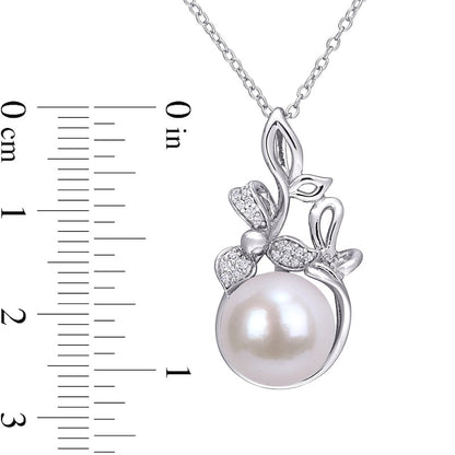 11.0-12.0mm Cultured Freshwater Pearl and 0.07 CT. T.W. Natural Diamond Flower Pendant in Sterling Silver