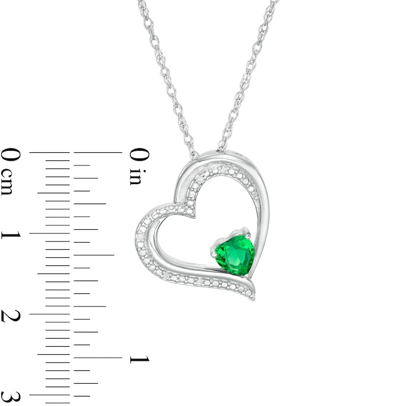 5.0mm Heart-Shaped Lab-Created Emerald and Diamond Accent Tilted Heart Pendant in Sterling Silver