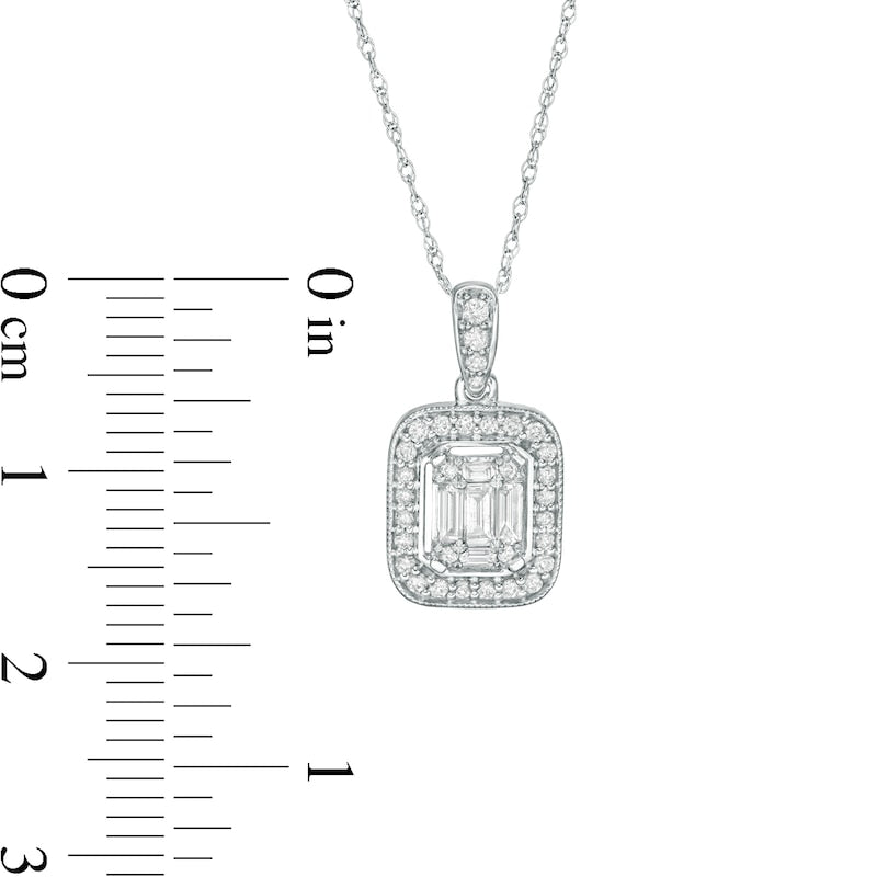 0.33 CT. T.W. Baguette and Round Natural Diamond Cushion Frame Antique Vintage-Style Pendant in 10K White Gold