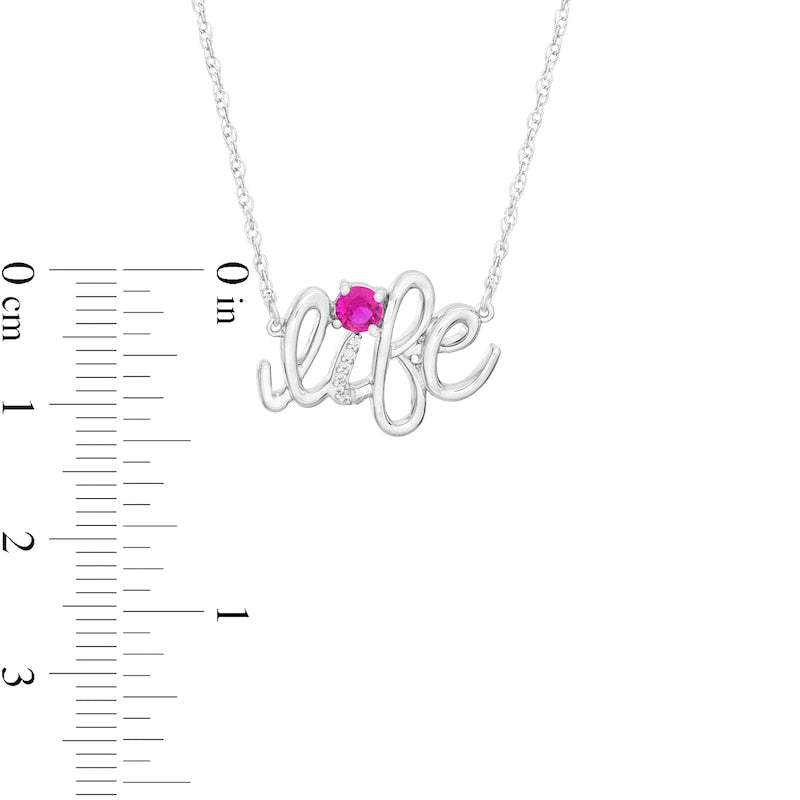 Lab-Created Ruby and Diamond Accent life" Script Necklace in Sterling Silver"