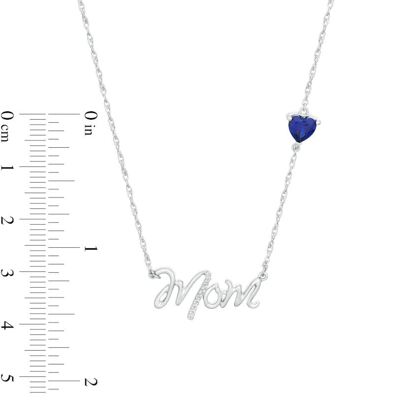 5.0mm Heart-Shaped Lab-Created Blue Sapphire and Diamond Accent Mom" Script Necklace in Sterling Silver"