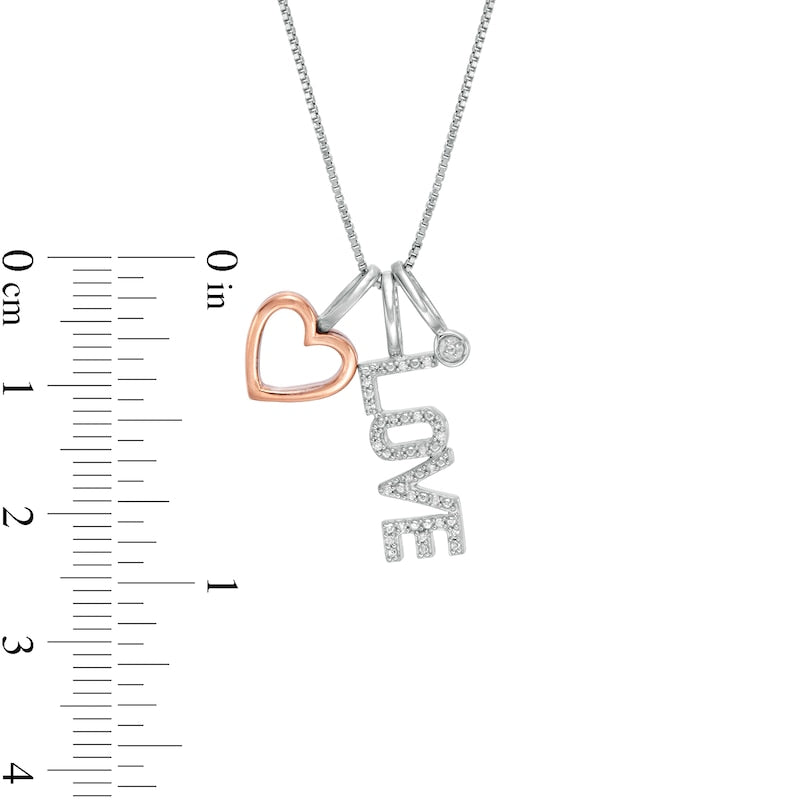 0.05 CT. T.W. Natural Diamond Outline Heart, LOVE" and Circle Charm Pendant in Sterling Silver and 10K Rose Gold"