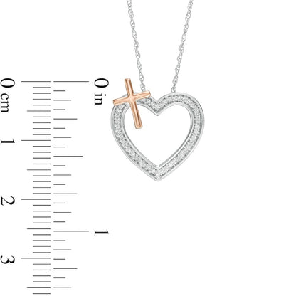 0.13 CT. T.W. Natural Diamond Heart with Cross Necklace in Sterling Silver and 10K Rose Gold