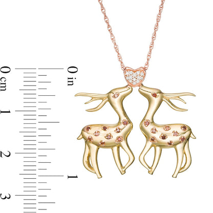 0.1 CT. T.W. Enhanced Red and White Natural Diamond Deer and Heart Pendant in Sterling Silver with 14K Two-Tone Gold Plate