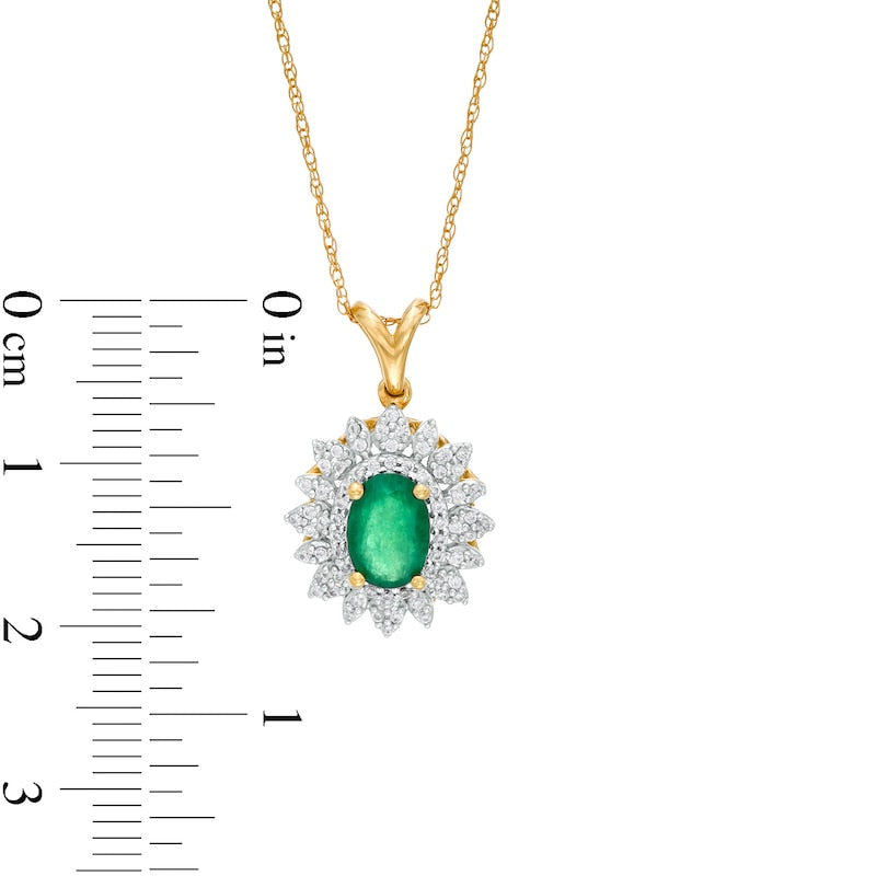 Oval Emerald and 0.2 CT. T.W. Natural Diamond Flower Frame Pendant in 10K Yellow Gold
