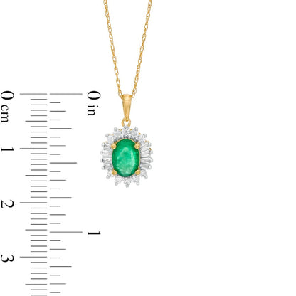 Oval Emerald and 0.2 CT. T.W. Baguette and Round Natural Diamond Starburst Frame Pendant in 10K Yellow Gold