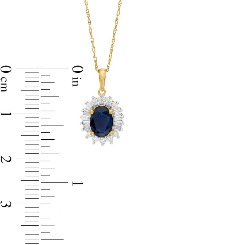 Oval Blue Sapphire and 0.2 CT. T.W. Baguette and Round Natural Diamond Starburst Frame Pendant in 10K Yellow Gold