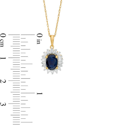 Oval Blue Sapphire and 0.2 CT. T.W. Baguette and Round Natural Diamond Starburst Frame Pendant in 10K Yellow Gold