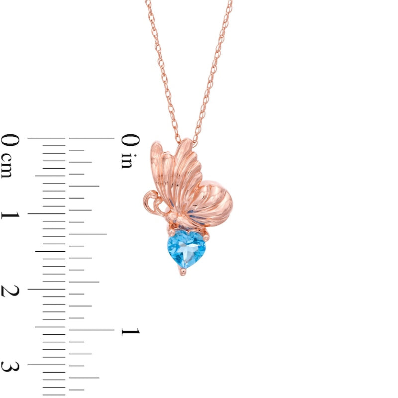 5.0mm Heart-Shaped Swiss Blue Topaz Butterfly Pendant in 10K Rose Gold