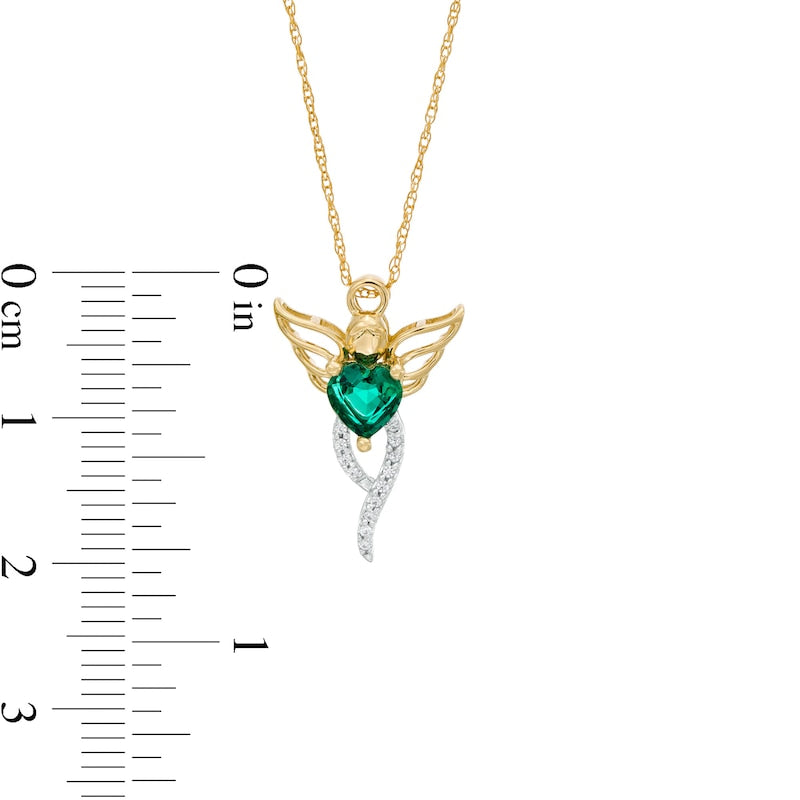 5.0mm Heart-Shaped Lab-Created Emerald and 0.05 CT. T.W. Diamond Angel Pendant in 10K Yellow Gold