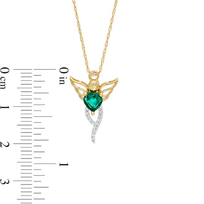5.0mm Heart-Shaped Lab-Created Emerald and 0.05 CT. T.W. Diamond Angel Pendant in 10K Yellow Gold