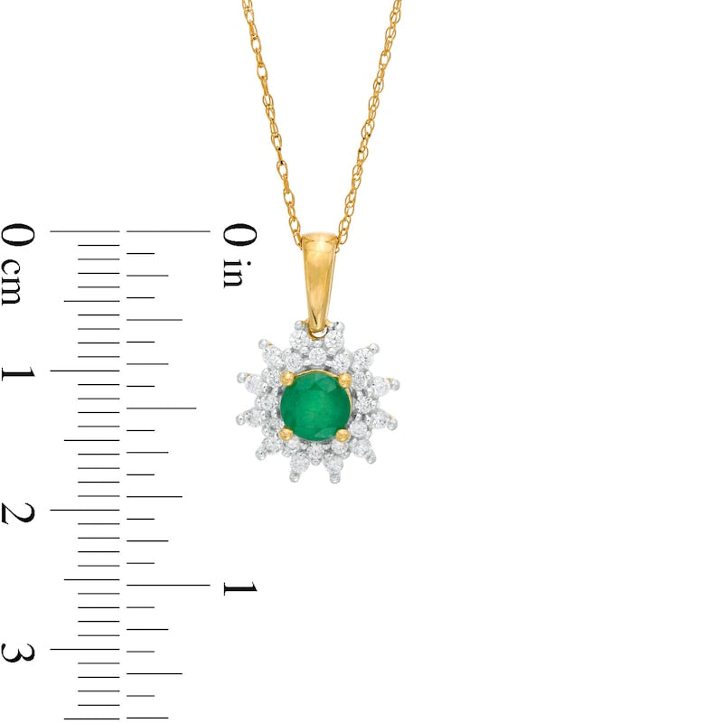 5.0mm Emerald and 0.25 CT. T.W. Natural Diamond Sunburst Frame Pendant in 10K Yellow Gold