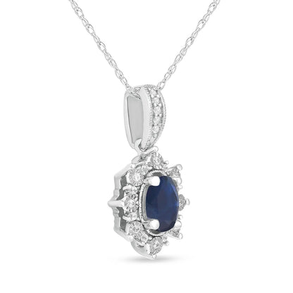 Oval Blue Sapphire and 0.07 CT. T.W. Natural Diamond Sunburst Frame Antique Vintage-Style Drop Pendant in 10K White Gold