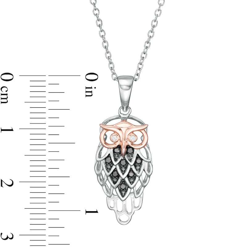 0.1 CT. T.W. Enhanced Black and White Natural Diamond Owl Pendant in Sterling Silver with 14K Rose Gold Plate