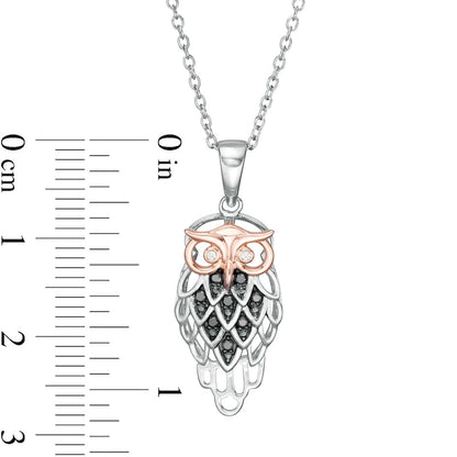 0.1 CT. T.W. Enhanced Black and White Natural Diamond Owl Pendant in Sterling Silver with 14K Rose Gold Plate