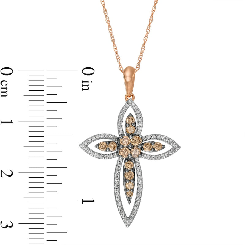 0.5 CT. T.W. Champagne and White Natural Diamond Layered Cross Pendant in 10K Rose Gold