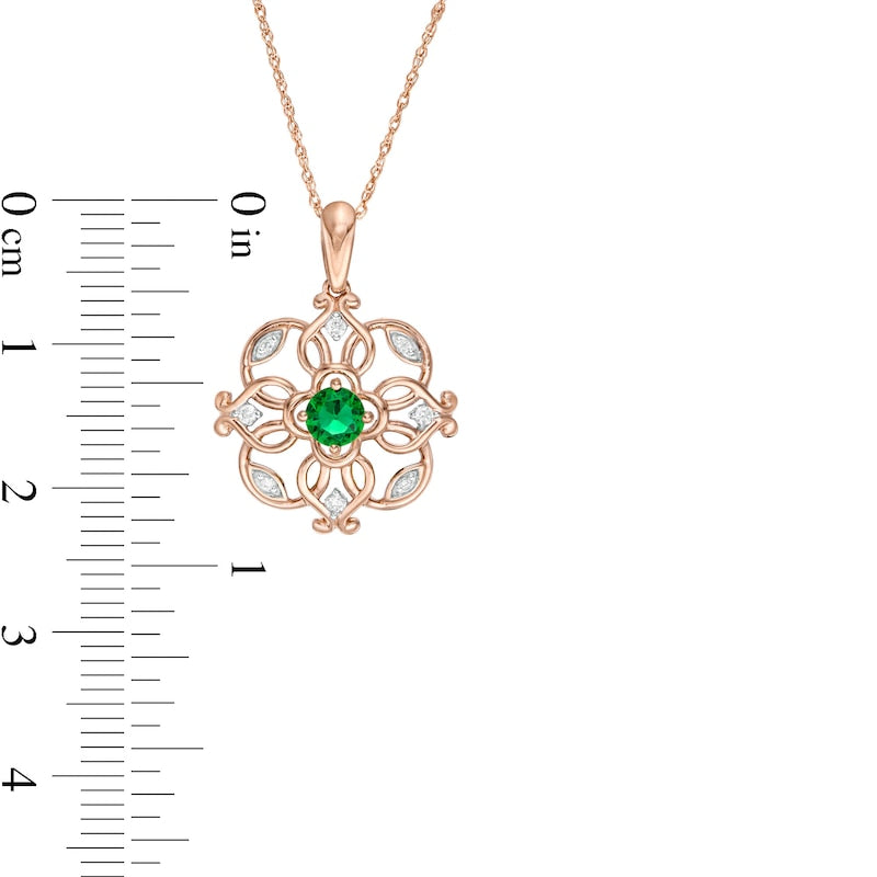 4.0mm Lab-Created Emerald and 0.05 CT. T.W. Diamond Filigree Clover Pendant in 10K Rose Gold