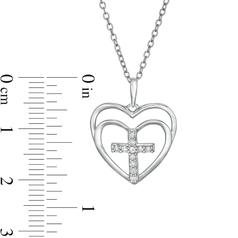 0.1 CT. T.W. Natural Diamond Cross in Double Hearts Pendant in Sterling Silver