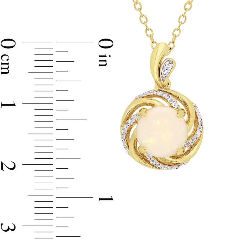 8.0mm Opal, White Topaz and Natural Diamond Accent Swirl Frame Drop Pendant in Sterling Silver with Yellow Rhodium