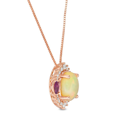 Captivating Color Oval Opal, Amethyst and 0.17 CT. T.W. Natural Diamond Ornate Border Three Stone Pendant in 14K Rose Gold