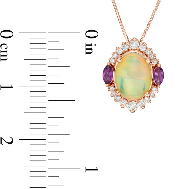 Captivating Color Oval Opal, Amethyst and 0.17 CT. T.W. Natural Diamond Ornate Border Three Stone Pendant in 14K Rose Gold