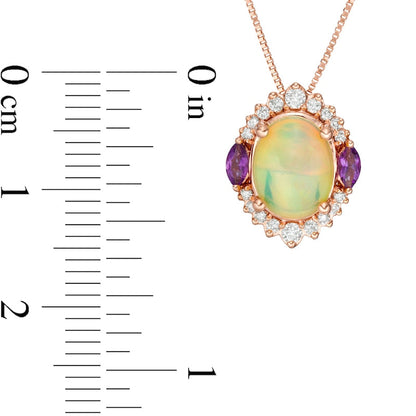 Captivating Color Oval Opal, Amethyst and 0.17 CT. T.W. Natural Diamond Ornate Border Three Stone Pendant in 14K Rose Gold
