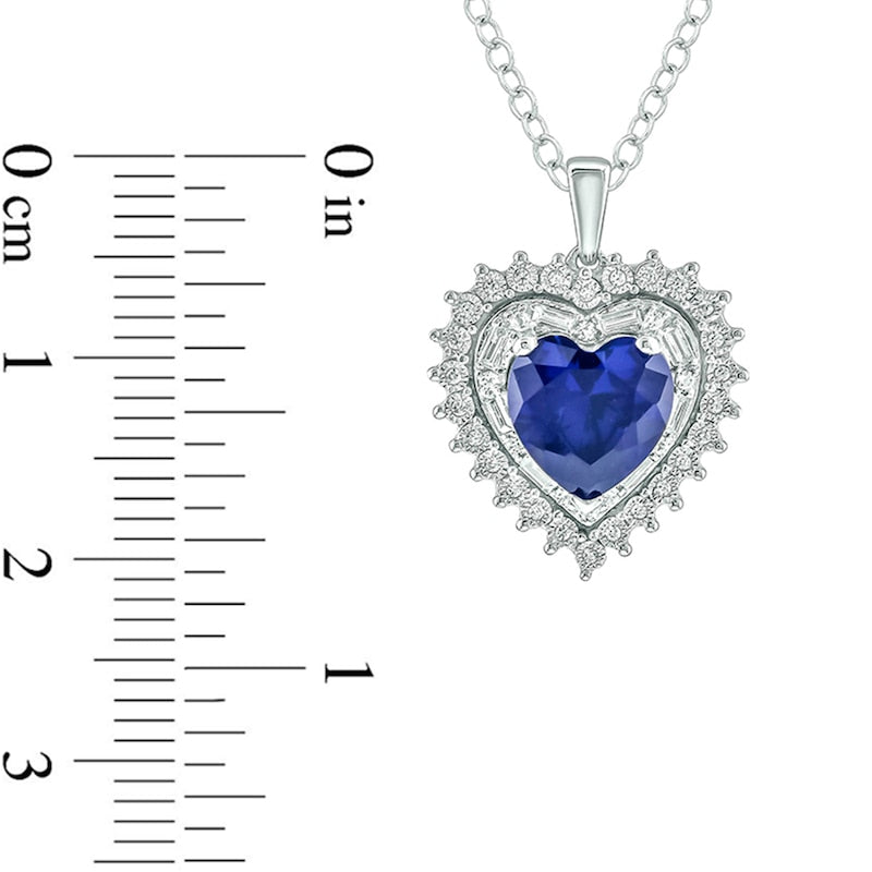 8.0mm Lab-Created Blue Sapphire and 0.2 CT. T.W. Diamond Starburst Double Frame Heart Pendant in Sterling Silver