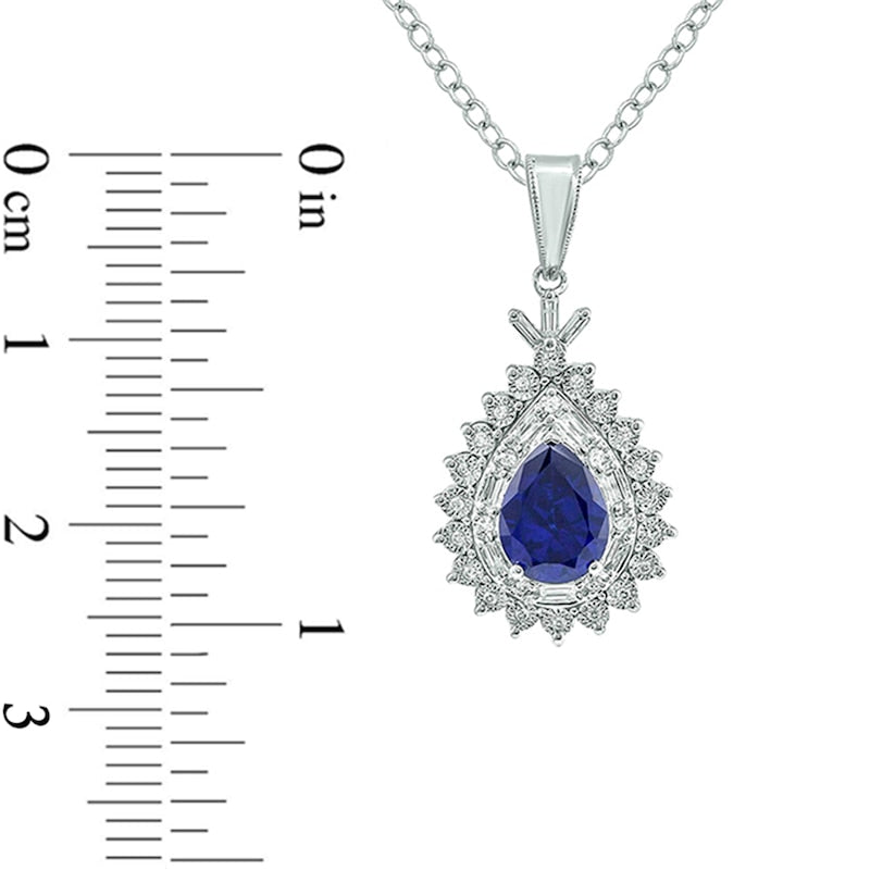 Pear-Shaped Lab-Created Blue Sapphire and 0.2 CT. T.W. Diamond Starburst Double Frame Drop Pendant in Sterling Silver
