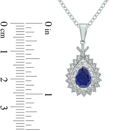 Pear-Shaped Lab-Created Blue Sapphire and 0.2 CT. T.W. Diamond Starburst Double Frame Drop Pendant in Sterling Silver