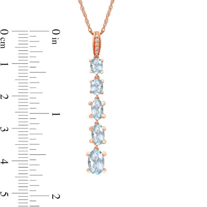 Oval Aquamarine and Natural Diamond Accent Graduated Linear Five Stone Drop Pendant in 10K Rose Gold
